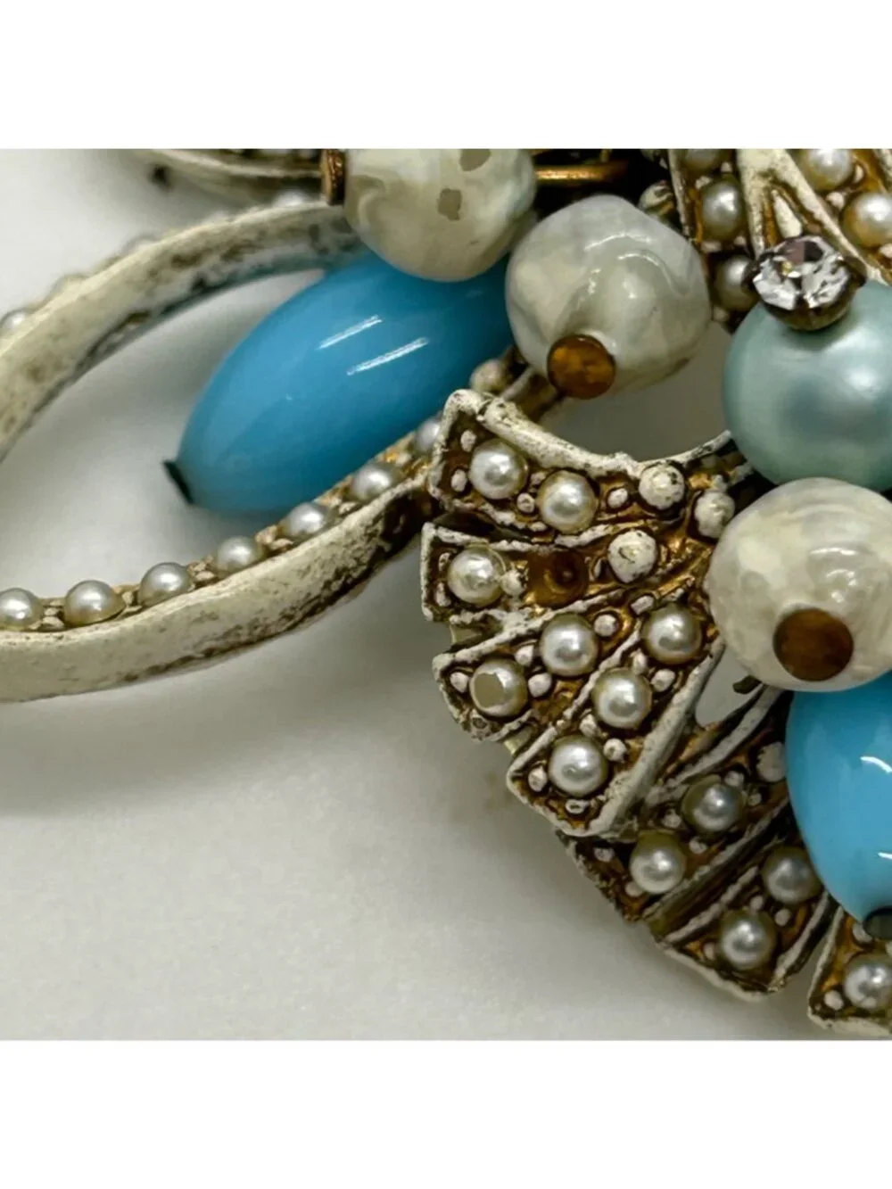 Vintage Coro Pin Brooch With Faux Pearls Faux Turquoise Beads, Floral Bow READ